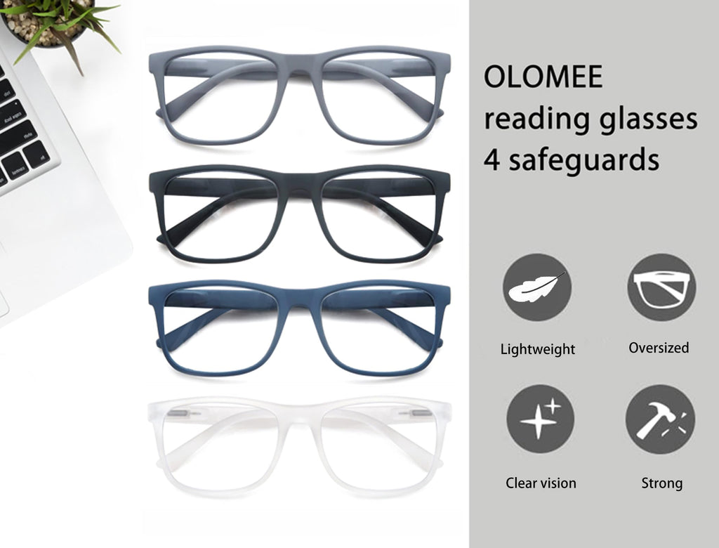 OLOMEE Large Reading Glasses Mens Wide Oversized Readers +1.25 Lightweight Square Eyeglasses for Reading for Big Head Men 4 Pack with Spring Hinge
