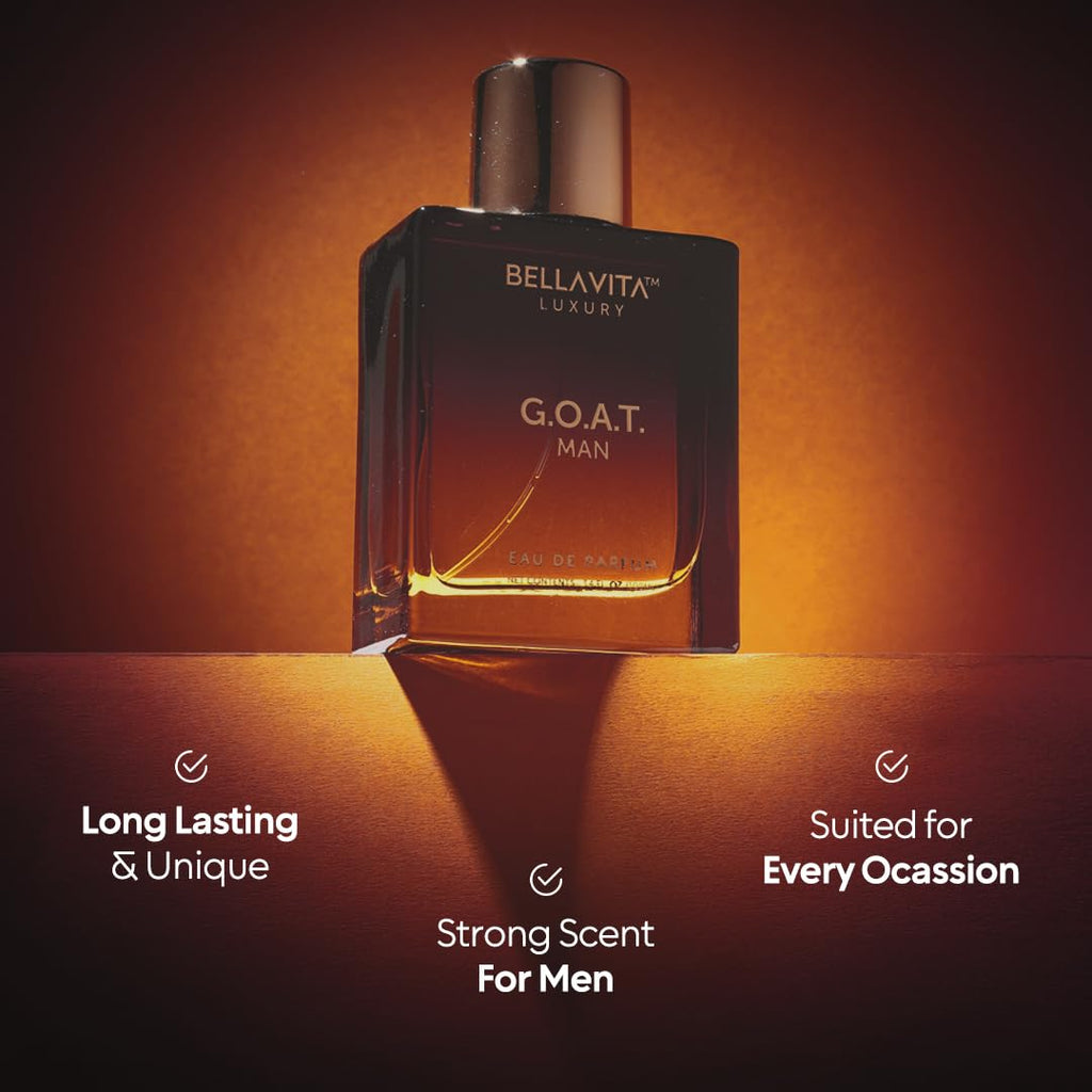 BellaVita Luxury G.O.A.T. Men's Eau De Parfum (3.4 fl.oz) | Natural Refreshing Notes of Bergamot, Lavender, Vetiver & Patchouli Oriental | Fresh Perfume for Men | Long-Lasting Perfume for Mens EDP