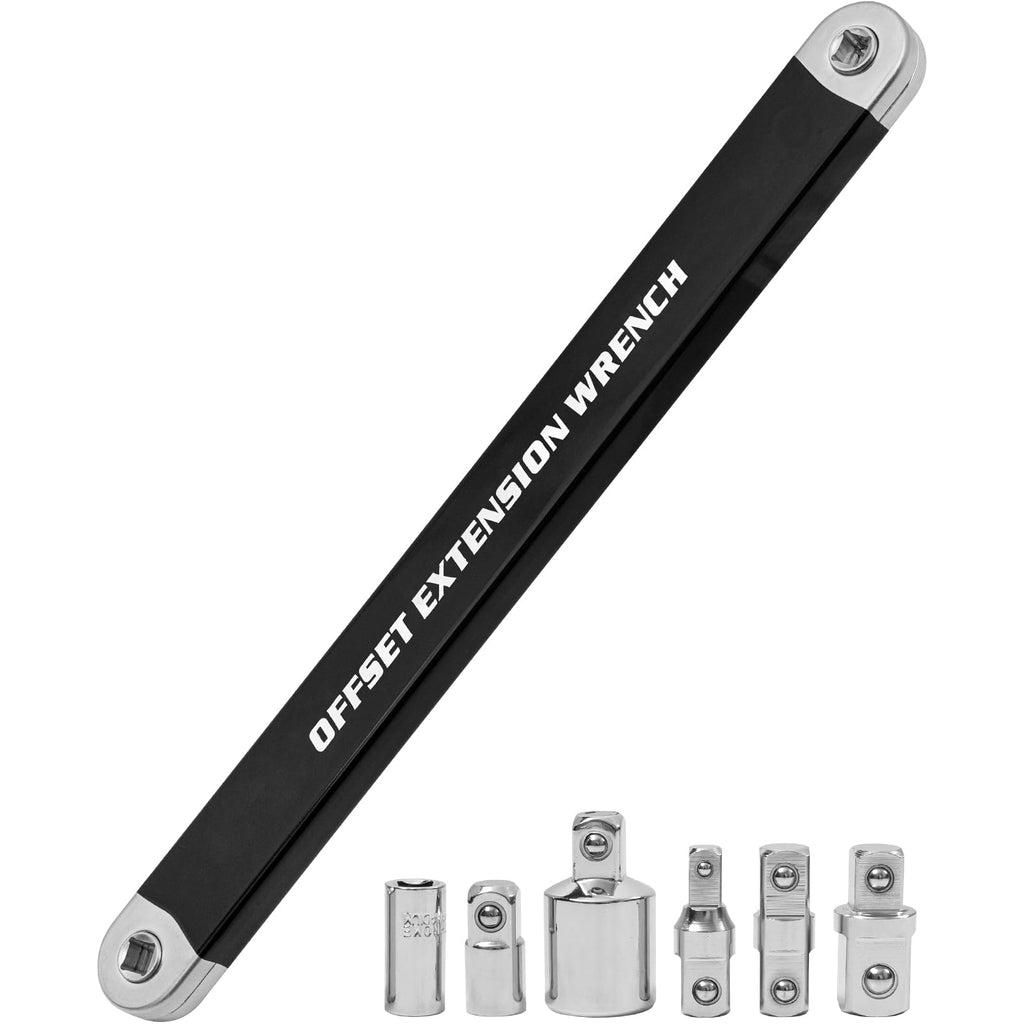 Offset Extension Wrench, Ratchet Extension Bar with 1/2", 1/4" and 3/8" Square Drive Adapters, Impact Wrench Extender for Access to Confined Fastener, Ratchet Extenders Tool with 3 Adapters Socket