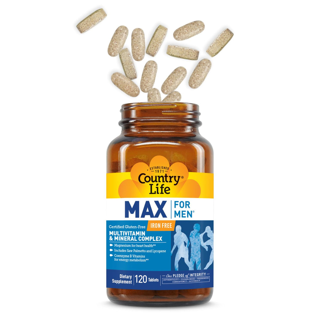 Country Life Max for Men Multivitamin: Iron-Free, Gluten Free, Saw Palmetto, Lycopene, Daily Support for Energy, Heart & Men's Health,120 Vegetarian Tablets