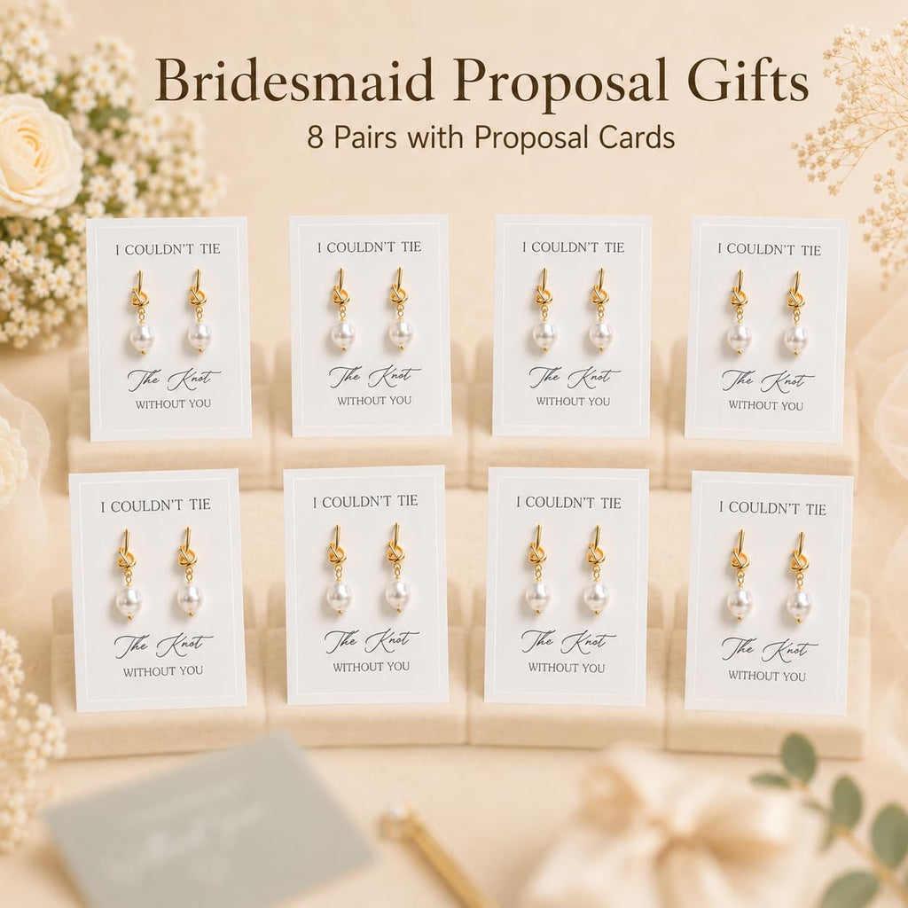 Bridesmaid Earrings for Bridesmaids 8 Pairs Gold Knot Pearl Wedding Jewelry Set Bridesmaid Proposal Gifts for Bridal Party