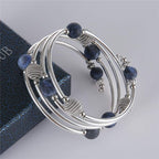 PEARL&CLUB Beaded Chakra Bangle Turquoise Bracelet - Fashion Jewelry Wrap Bracelet with Thick Silver Metal and Mala Beads, Birthday Gifts For Women(63-Navy Blue)