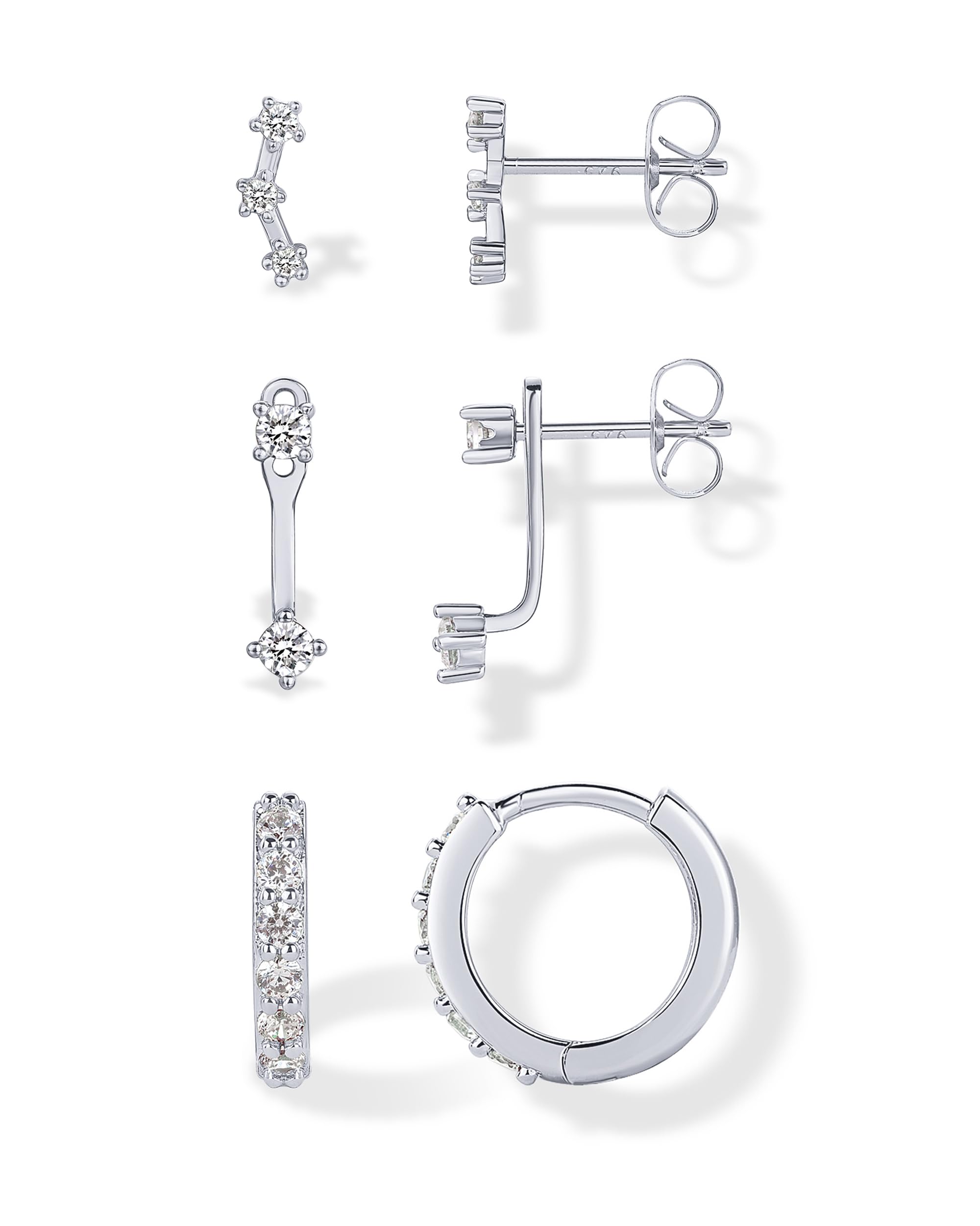 PAVOI 925 Sterling Silver CZ Statement Huggie Earring Set, White Gold