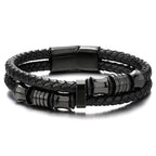 Men's Black Braided Leather Bracelet with Stainless Steel Accents Double-Layer Design Durable Biker Punk Style Wristband Modern Minimalist Fashion Jewelry for Men