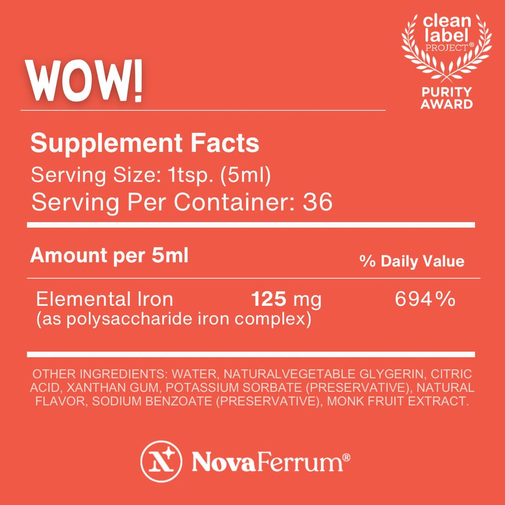 NovaFerrum Wow, 125 High Potency Liquid Iron Supplement for Adults, Iron Deficiency, 125mg of Iron Per 5mL Dose, Vegan Verified, Gluten Free Certified, Sugar Free