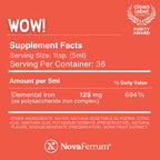 NovaFerrum Wow, 125 High Potency Liquid Iron Supplement for Adults, Iron Deficiency, 125mg of Iron Per 5mL Dose, Vegan Verified, Gluten Free Certified, Sugar Free