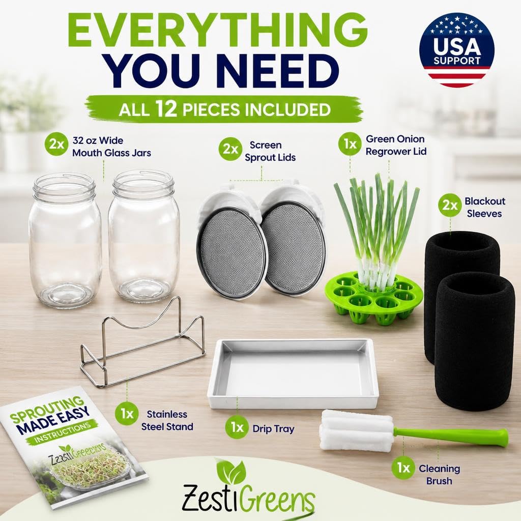 Sprouting Jar Kit - 2 Wide-Mouth Mason Jars with Stand and Sprout Lids