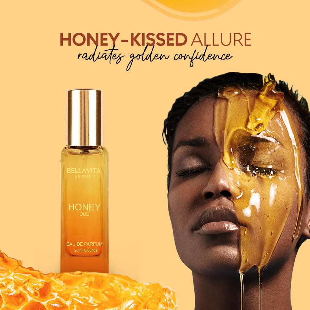 BellaVita Luxury Honey OUD Eau de Parfum Travel Size Edition 20 ml | Long-Lasting Mini Perfumes for Women | Notes: Patchouli, Vanilla, Bergamot & Spicy Notes | Pocket Perfume for Women | Vegan Perfume