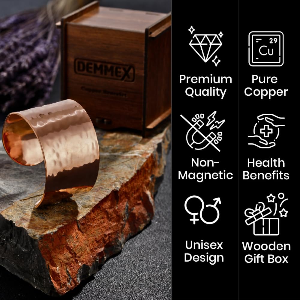 DEMMEX Copper Bracelet for Women – 100% Pure Hammered Turkish Copper Cuff, 1.5mm Thick High-Gauge, Handmade, Uncoated & Non-Magnetic, Large 1.6" Wide, Adjustable, in Wooden Gift Box