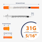 1ml 31G 5/16 Inch 8mm Syringes with Needle, U-100 Lab Tools, Pack of 100