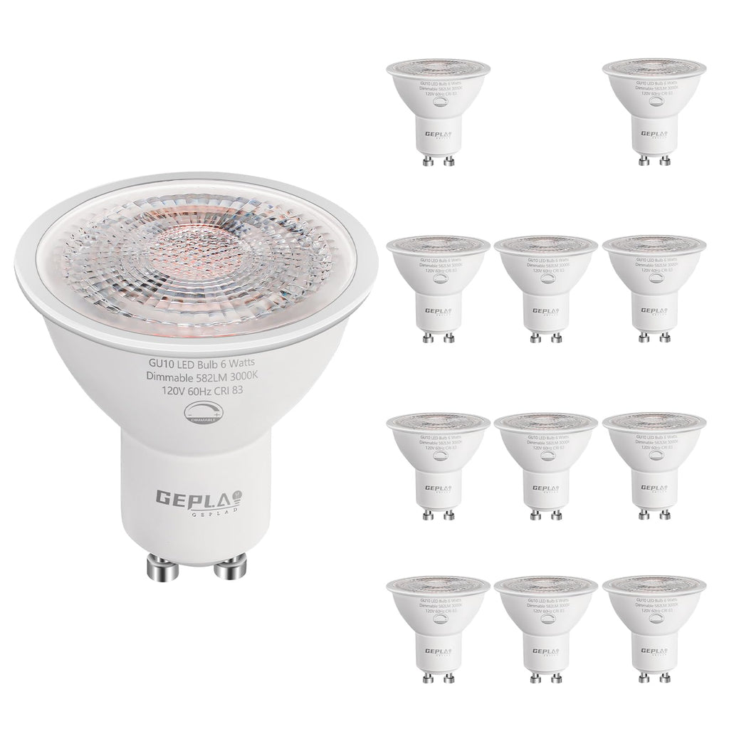 GEPLAD 12-Pack GU10 LED Bulbs 6W, Dimmable, 3000K Soft White 582LM, Replacement 50W Halogen Light Bulb for Spotlight Track&Recessed Lighting,No Flickers