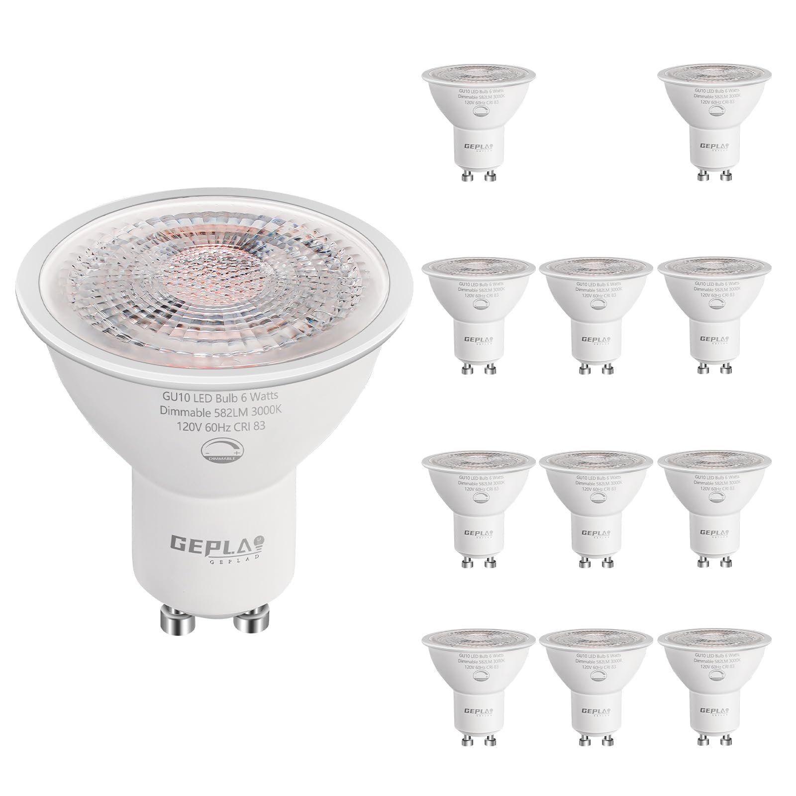 GEPLAD 12-Pack GU10 LED Bulbs 6W, Dimmable, 3000K Soft White 582LM, Replacement 50W Halogen Light Bulb for Spotlight Track&Recessed Lighting,No Flickers