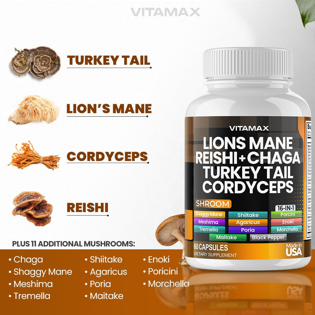 Vitamax Lions Mane Mushroom, Turkey Tail, Chaga & Reishi, Cordyceps Shiitake White Elm King Trumpet Nameko Oyster Porcini Focus & Energy - Made in USA