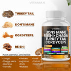 Vitamax Lions Mane Mushroom, Turkey Tail, Chaga & Reishi, Cordyceps Shiitake White Elm King Trumpet Nameko Oyster Porcini Focus & Energy - Made in USA