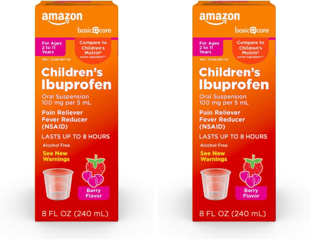 Amazon Basic Care Children's Ibuprofen Oral Suspension, 100 mg per 5 mL, Pain Reliever and Fever Reducer, Berry Flavor, for Sore Throat, Headache Relief and More, 8 fl oz (Pack of 2)