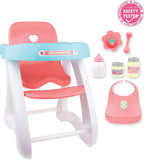 JC Toys - Doll High Chair | Fits Dolls up to 17" | Easy to Clean | Simple Assembly | 7 Piece Play Set| Ages 2+, Pink/Blue
