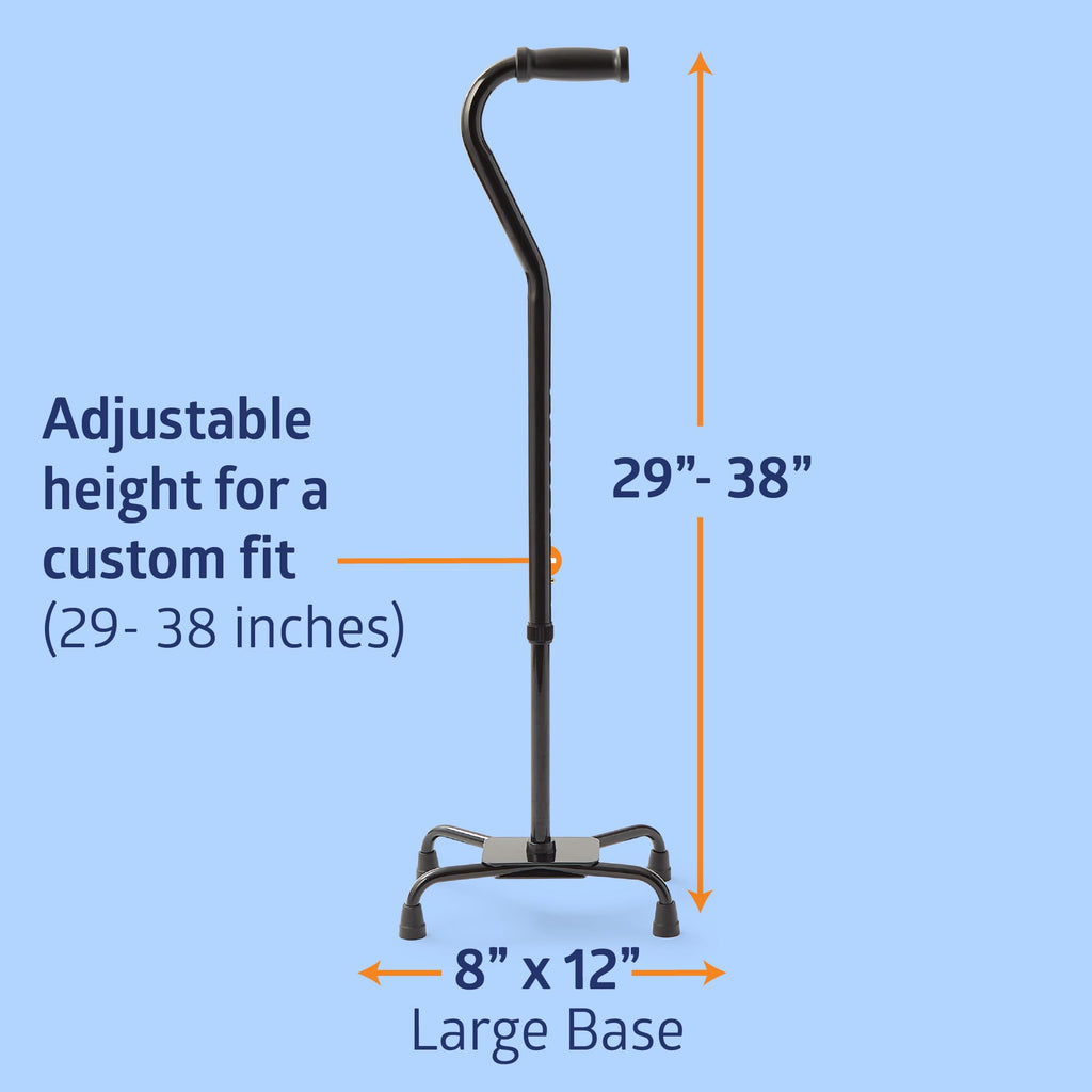 Medline Aluminum Quad Cane with Large Base for Balance, Knee Injuries, Leg Surgery Recovery & Mobility, Portable, Lightweight Walking Aid for Seniors & Adults