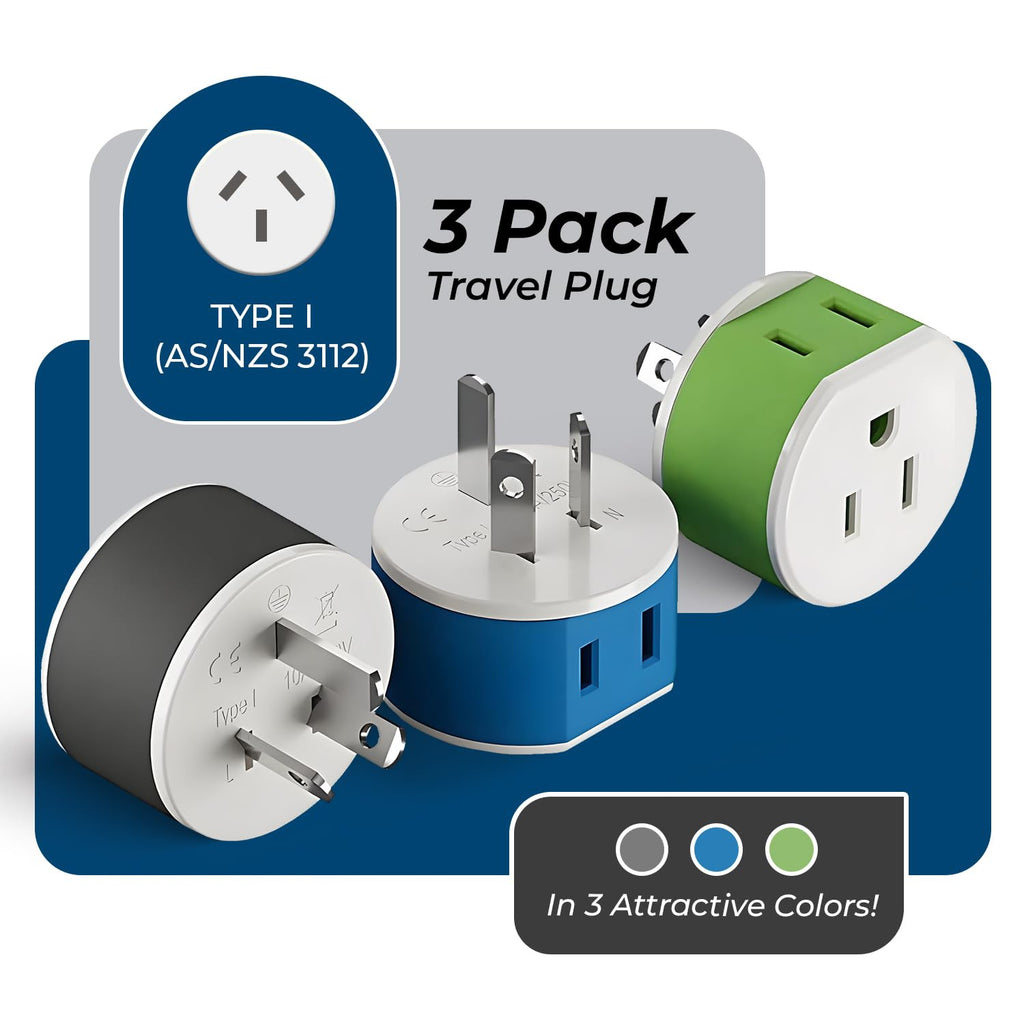 OREI Australia, New Zealand, China Power Plug Adapter with 2 USA Inputs - Travel 3 Pack - Type I (US-16) Safe Grounded Use with Cell Phones, Laptop, Camera Chargers, CPAP, and More