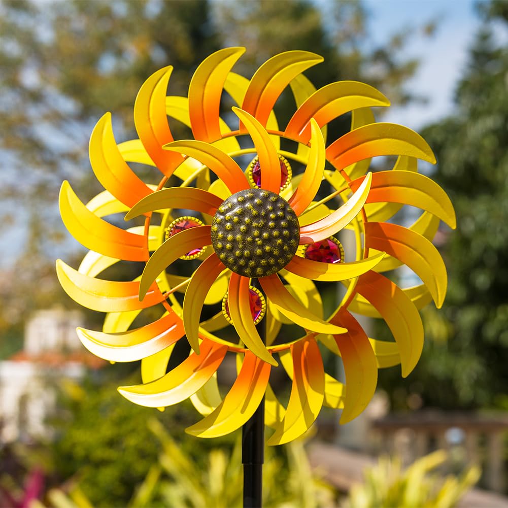 VEWOSTAR 13Inch Metal Sunflower Wind Spinner Outdoor Decor with Stake