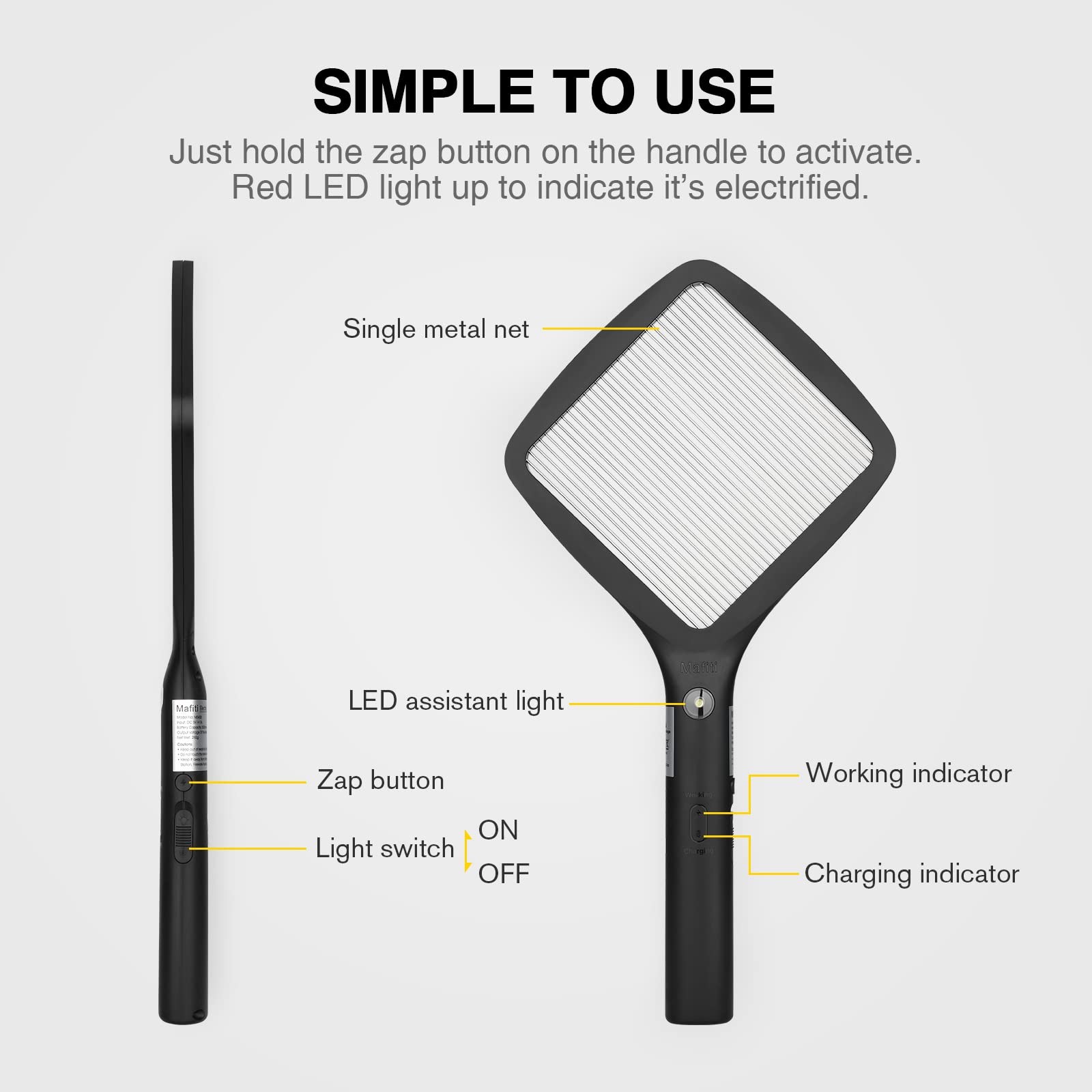 mafiti 2 in 1 Electric Fly Swatter Rechargeable with Flashlight Mosquito Zapper Bug Zapper Racket Fly Killer Indoor Outdoor