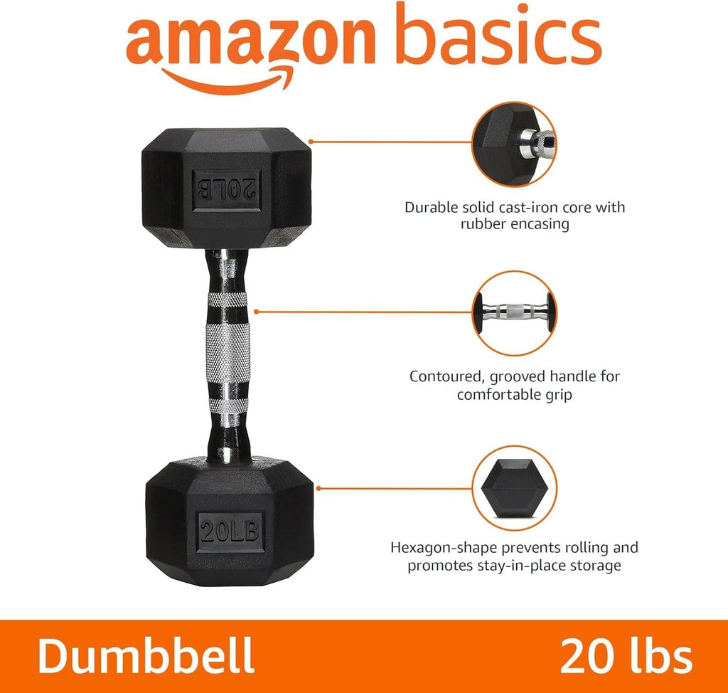 Amazon Basics Rubber Hex Dumbbell with Comfortable Handle for Home Gym Workout, 20 Pounds, Single, Black