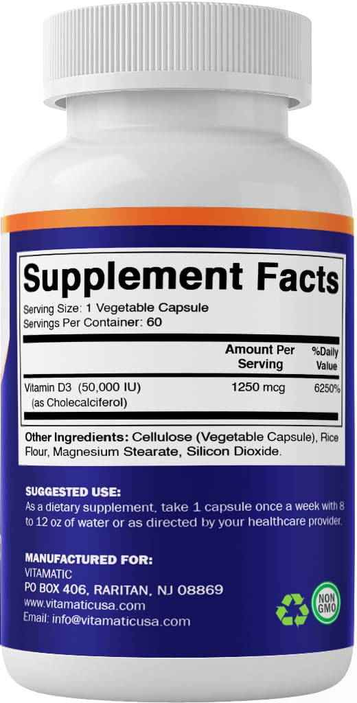 Vitamatic 3 Pack Vitamin D3 50,000 IU (as Cholecalciferol), Once Weekly Dose, 1250 mcg, 60 Veggie Capsules 1 Year Supply, Progressive Formula Helping Vitamin D Deficiencies