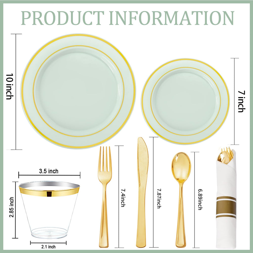 WDF Partyware 350PCS Green Plates Disposable - Sage Green Plastic Plates 50Guests Plastic Dinnerware with Rolled Napkins for Party/Birthday/Spring