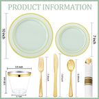 WDF Partyware 350PCS Green Plates Disposable - Sage Green Plastic Plates 50Guests Plastic Dinnerware with Rolled Napkins for Party/Birthday/Spring