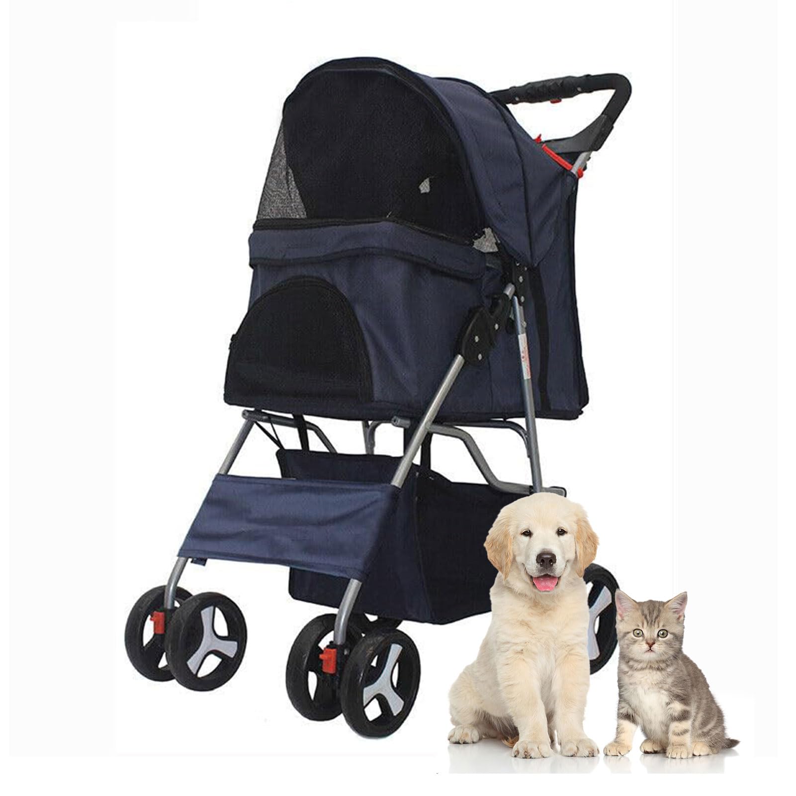 LWWJJ Pet Stroller 4 Wheels, Multifunction Dog Cat Jogger, Folding Lightweight Travel Stroller with Detachable Carrier & Cup Holder for Small/Medium Dogs and Cats, Navy Blue