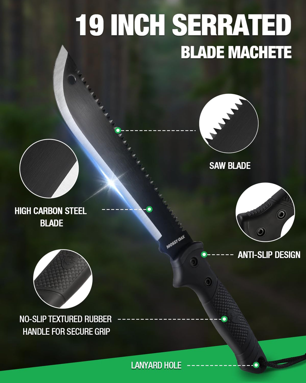 Mossy Oak Machete with Saw, 19-Inch Heavy Duty Machete with Sheath