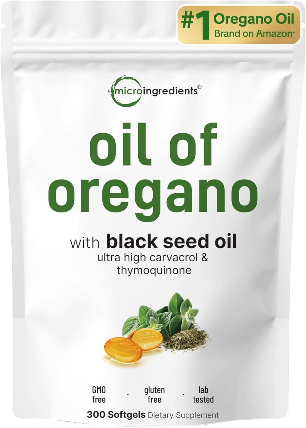 Micro Ingredients Oil of Oregano Softgels, 300 Count | 2 in 1 Formulated with Black Seed Oil | 4X Strength Carvacrol & Thymoquinone | Plant Based, Non-GMO