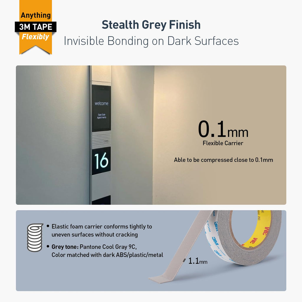 3M Double Sided Tape, 1" x 18Ft Foam Tape, 1600TG, Grey