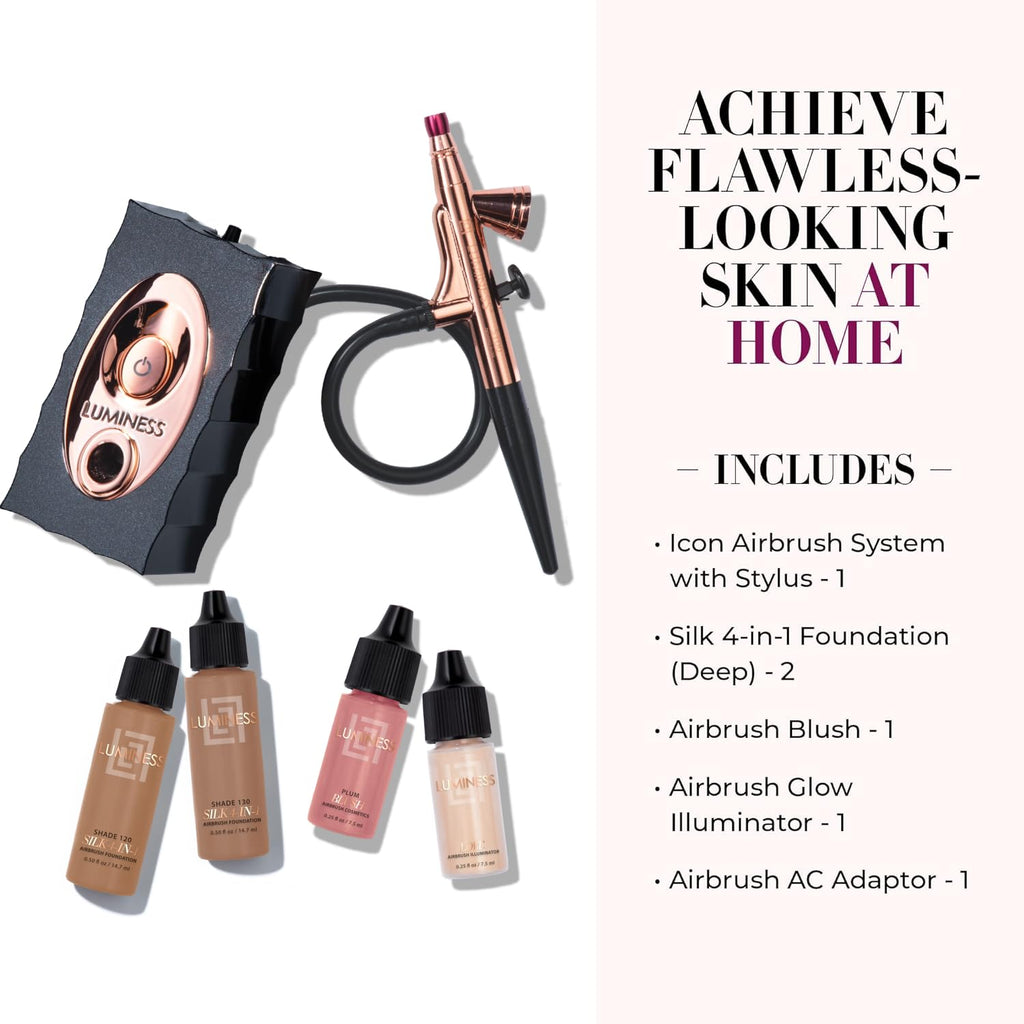Luminess Air Icon Makeup Airbrush System and 4-Piece Foundation Starter Kit, Deep Coverage - Quick, Easy & Long Lasting Application - Includes Silk 4-In-1 Foundation, Highlighter & Blush