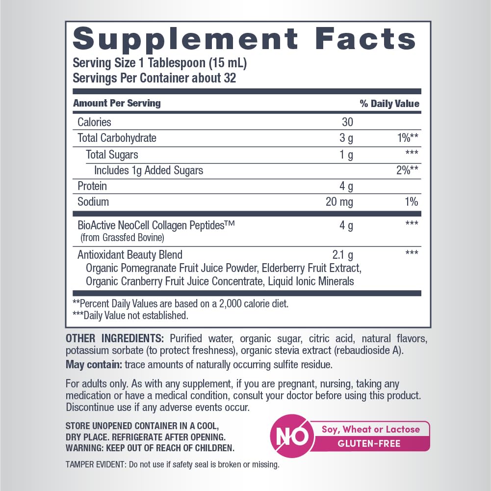 NeoCell Liquid Collagen, Skin, Hair, Nails and Joints Supplement, Includes Fruit Juice Concentrates and Green Tea Blend, Pomegranate, 16 oz., 1 Bottle