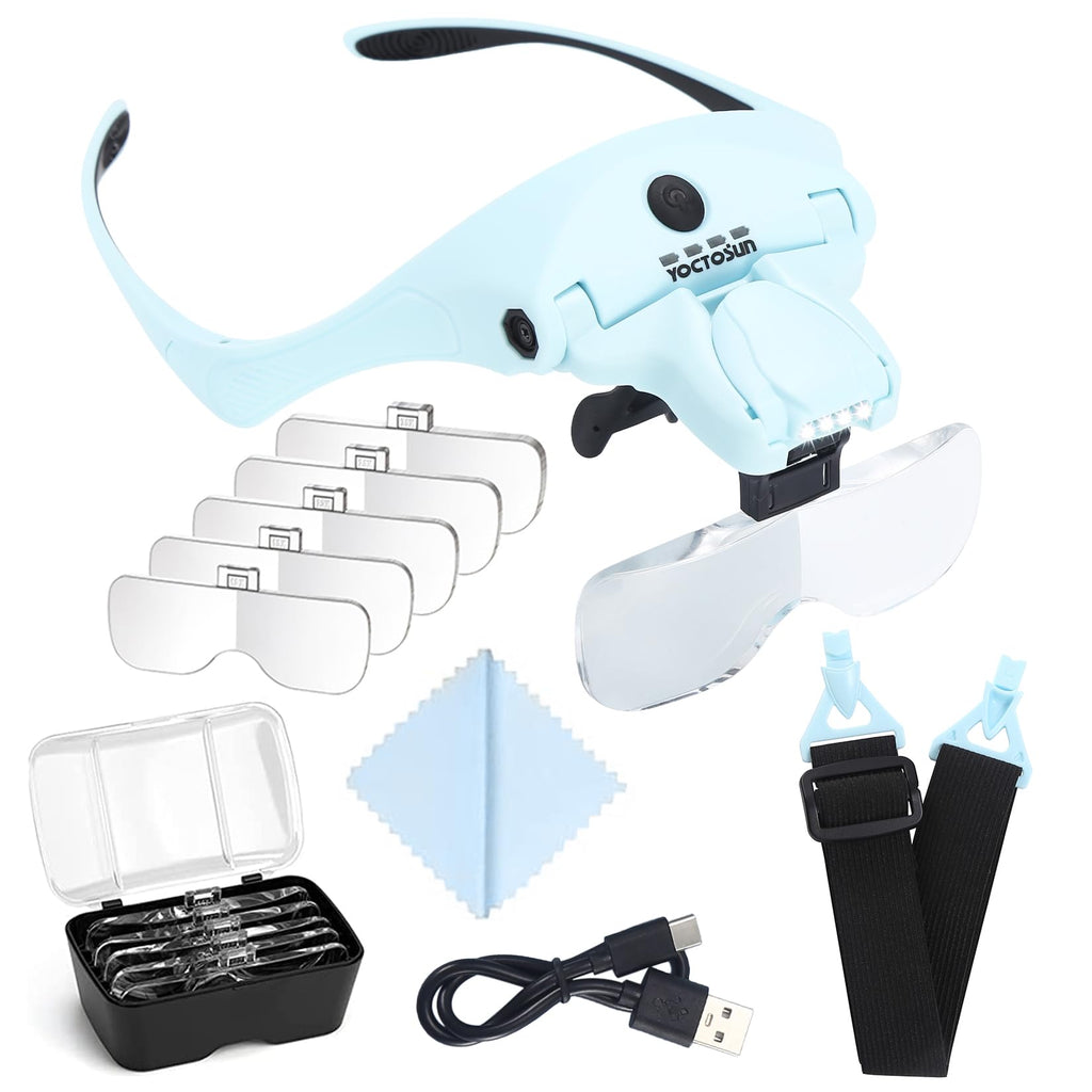YOCTOSUN Magnifying Glasses with Light for Close Work, Head Magnifier with 4 LED Lights and 5 Detachable Lenses 1X to 3.5X,Rechargeable Hands Free Headband Magnifier Glasses for Crafts, Hobby