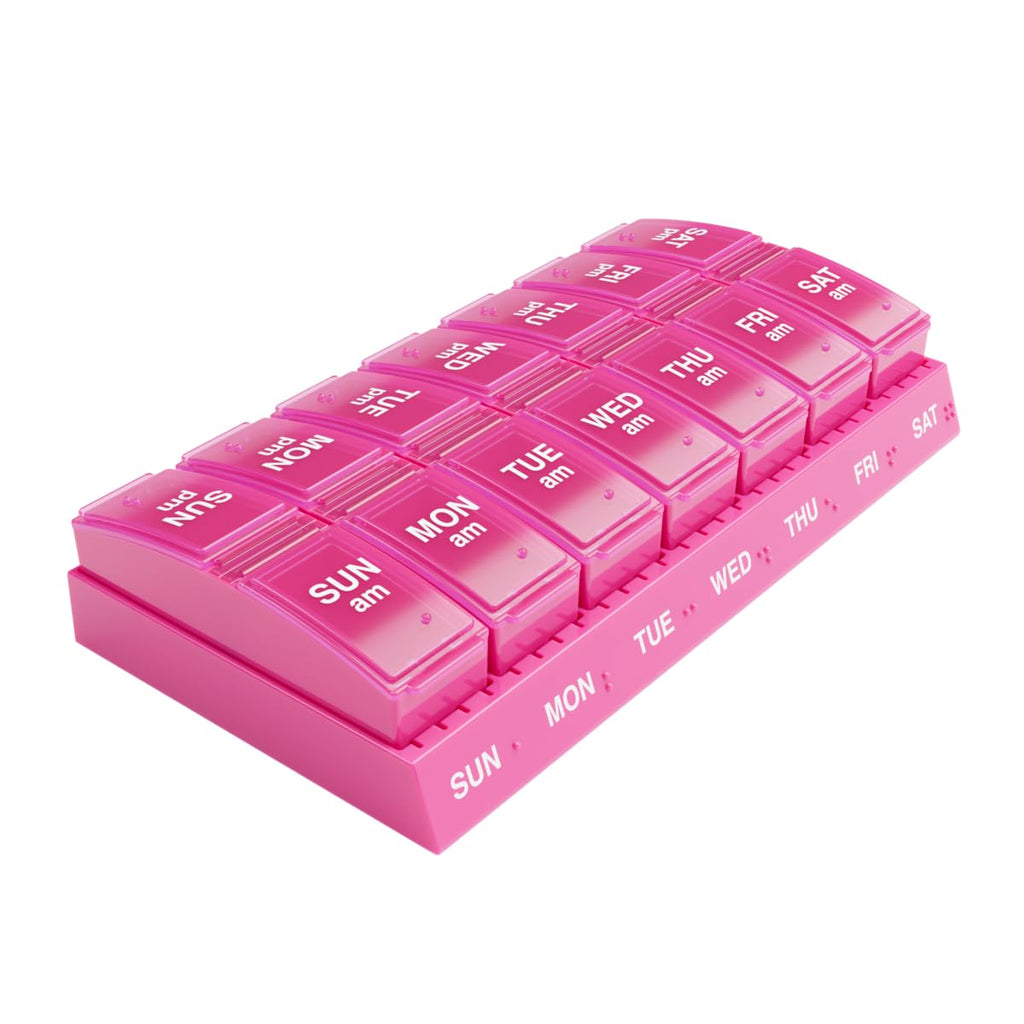 EZY DOSE Weekly, AM/PM Daily Pill Organizer, 7-Day Medicine Planner, Vitamin Container, Small Pop-Out Compartments, 2 Times a Day Pill Holder, Pink, Travel-Friendly, BPA Free