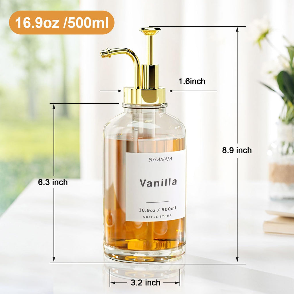 Coffee Syrup Dispenser for Coffee Bar, 16.9oz 500ml Glass Syrup Dispenser w Golden Coffee Scoop, Coffee Syrup Pump Dispenser w 36 Labels and Bamboo Tray, Coffee Syrup Bottles with Golden Pump, 3PCS