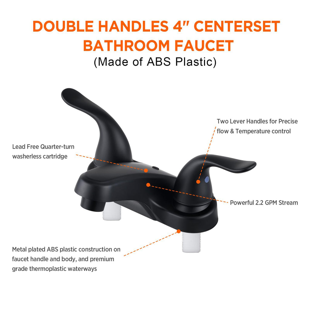 Bathroom Sink Faucets 2/3 Hole,Matte Black Dual Handles 4 inch Plastic Plating Over Bathroom Faucet with Pop-up Drain and 2 Supply Hoses for Apartment Rvs Sink Vanity