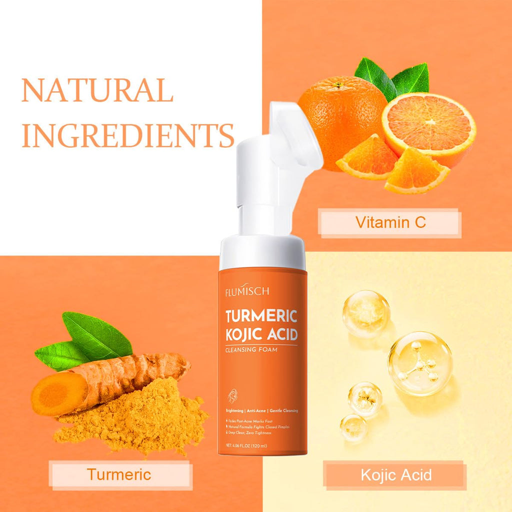 FluMisch Turmeric Kojic Acid Foaming Facial Cleanser, Kojic Acid And Turmeric Exfoliating Face Wash With Brush (4.23 fl.Oz), 2pcs