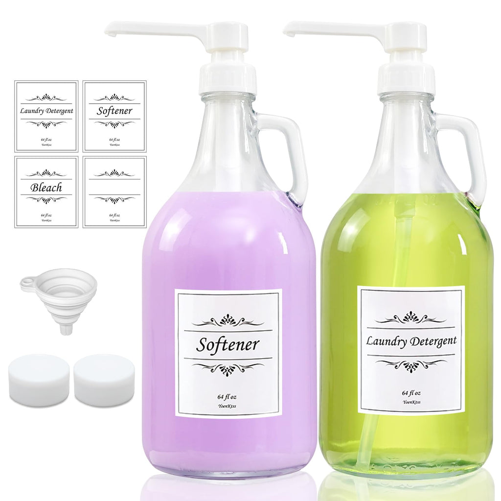 2 Pcs Glass Liquid Laundry Detergent Dispenser with Pump (Upgraded), 64 oz Dispenser for Laundry Room, Half Gallon Glass Jugs with Airtight Lid