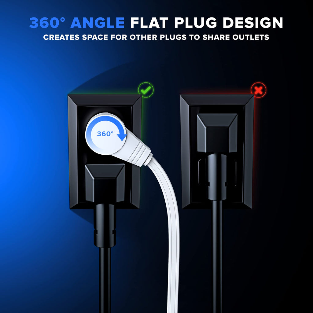 Maximm 360 Degree Rotating Flat Extension Cord 1 Ft Multi 3 Outlet Power Cord Grounded 16 AWG UL Certified, White