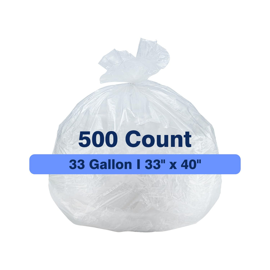 Plastiguide 33 Gallon Clear Trash Can Liners, 33'' x 40'', 500 Count, High Density Garbage Bags for Home, Outdoor, Recycling, Commercial, and Industrial Use