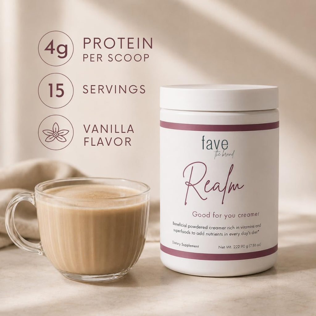 Fave the Brand Realm Functional Coffee Creamer Powder | L-Theanine, Magnesium & Hyaluronic Acid | Calm Energy, Hydration & Beauty Support | Daily Wellness Creamer