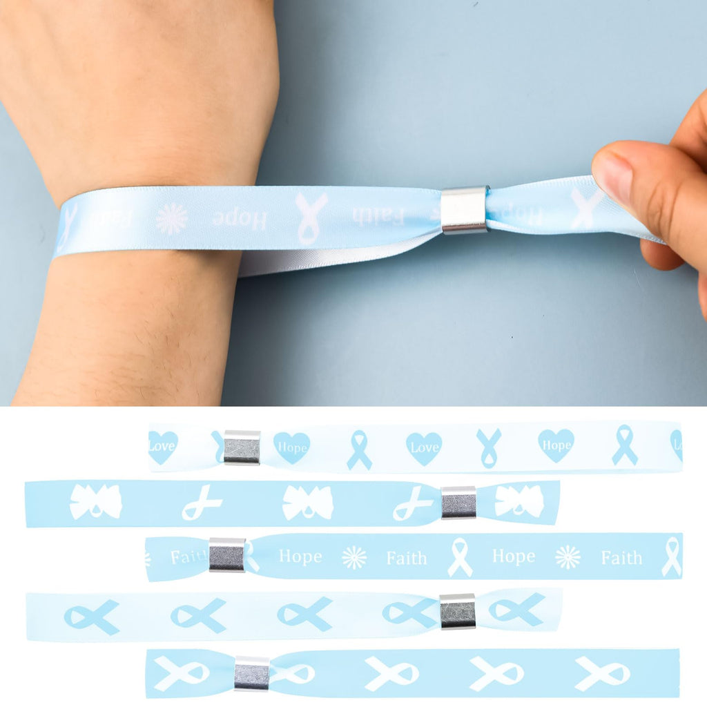 WANDIC 30 Pcs Baby Blue Ribbon Bracelets, 5 Style Polyester Single Side Adjustable Prostate Cancer Awareness Support Wristband for Event Fundraising