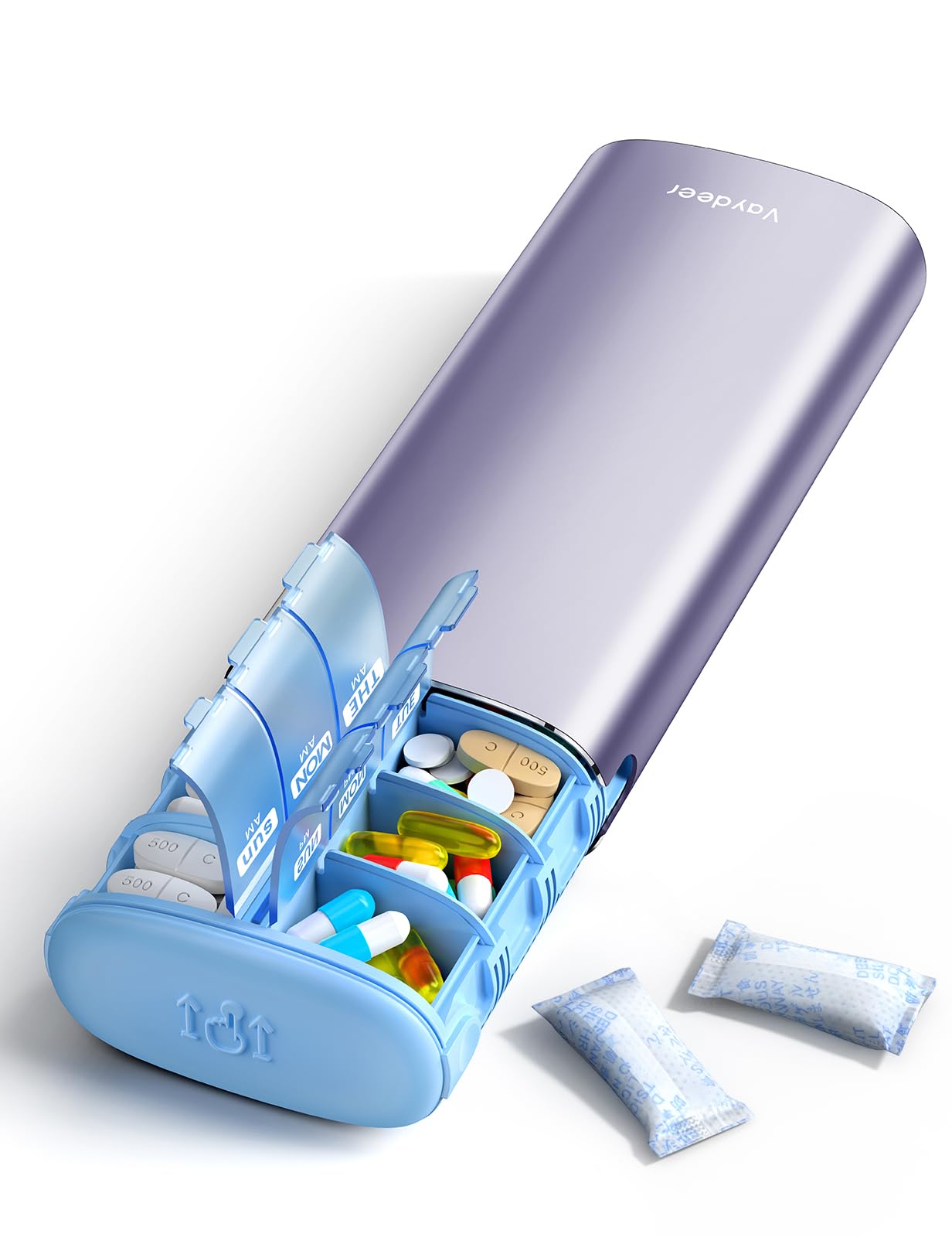 Vaydeer 7 Day Weekly Pill Organizer 2 Times a Day, Metal Am Pm Travel Pill Case, Large Capacity Twice Daily Cute Pill Box for Supplements, Pills, Vitamins and Medication (Purple)