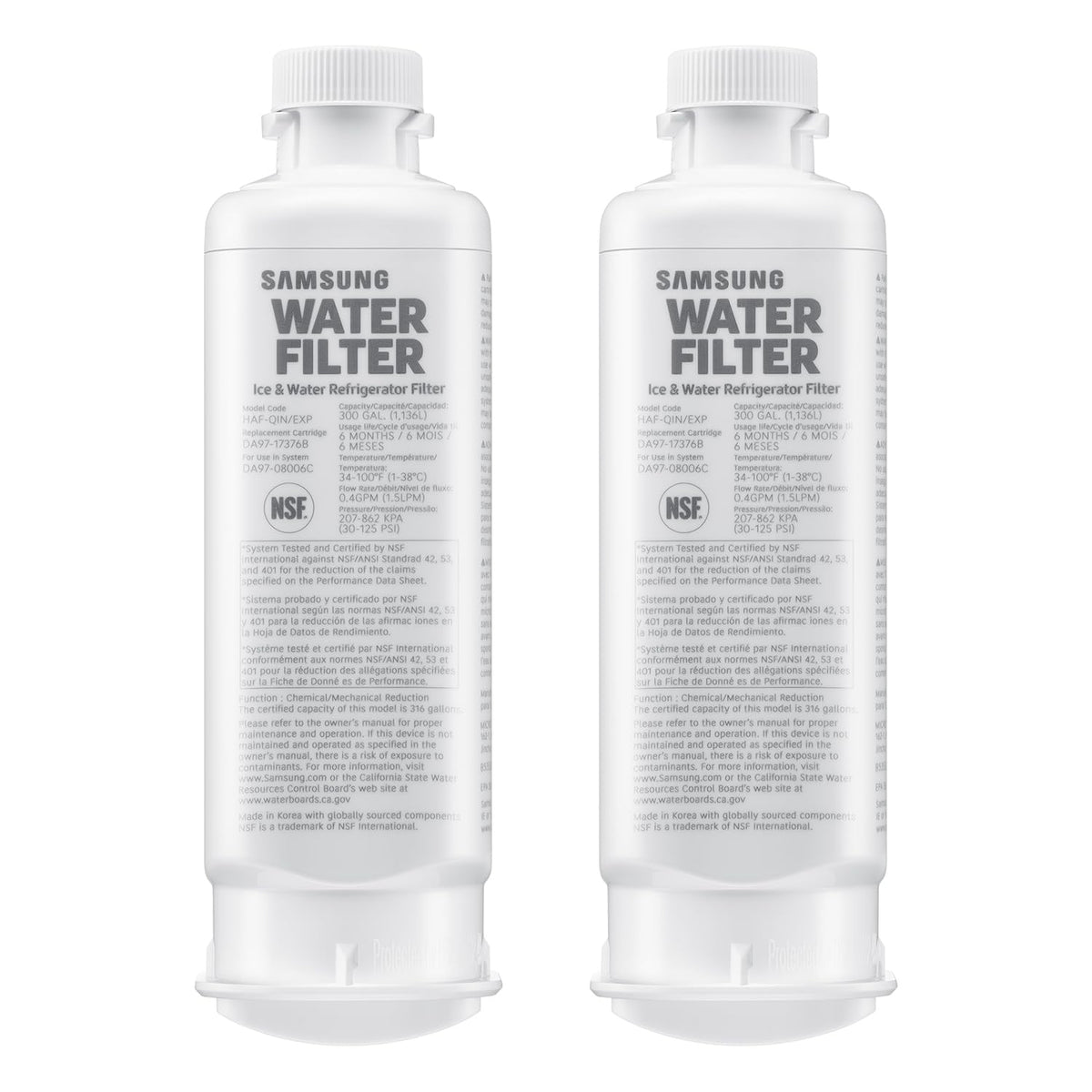 Samsung HAF-QIN-2P/EXP Genuine Refrigerator Water Filter, Reduces 99% of Harmful Contaminants for Clean, Clear Drinking Water, 6-Month Life, Easy Install, Pack of 2
