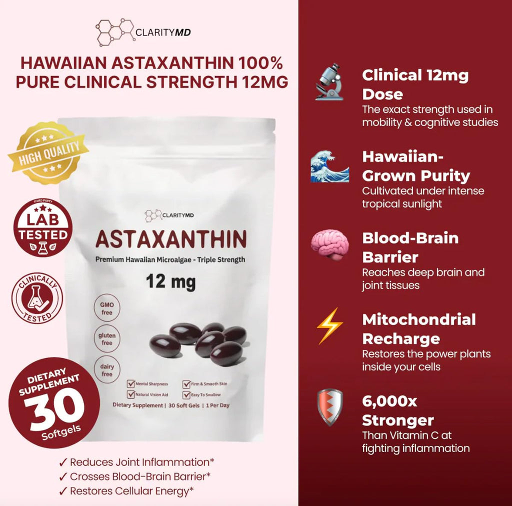 ClarityMD Astaxanthin 12mg Antioxidants Supplement – Natural Microalgae Source – Lipid-Based Softgel for Enhanced Absorption – Cognitive, Vision & Joint Support – 30 Softgels (Pack of 3)