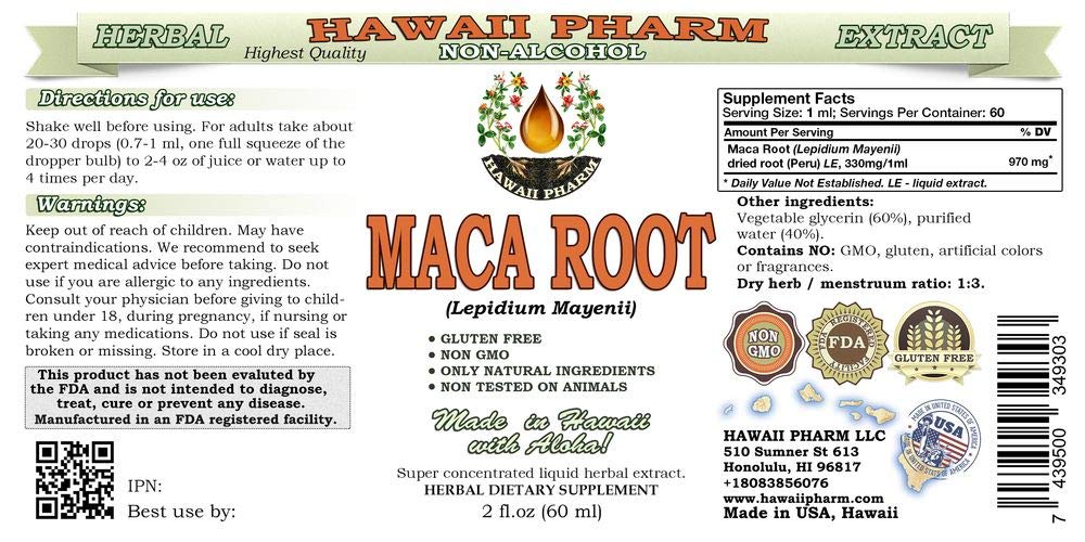 Hawaii Pharm Maca Root Alcohol-Free Liquid Extract, Professional Grade, Small Batch Maca (Lepidium Meyenii) Whole Dried Plant Glycerite, 2oz