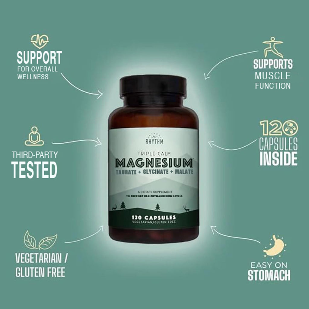 Natural Rhythm Triple Calm Magnesium 150 mg – 120 Capsules – Magnesium Complex Compound Supplement with Glycinate, Malate, and Taurate to Support Muscle, Nerve, and Cardiovascular Health
