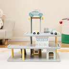 Costzon Toy Car Garage, Multi-Level Wooden Toy Garage with 4 Cars, Helicopter, Gas & Charging Station, Ramp & Working Elevator, Parking Garage for Toy Cars, Pretend Play Gift for Kids Toddlers 3+